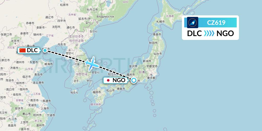CZ619 China Southern Airlines Flight Map: Dalian to Nagoya