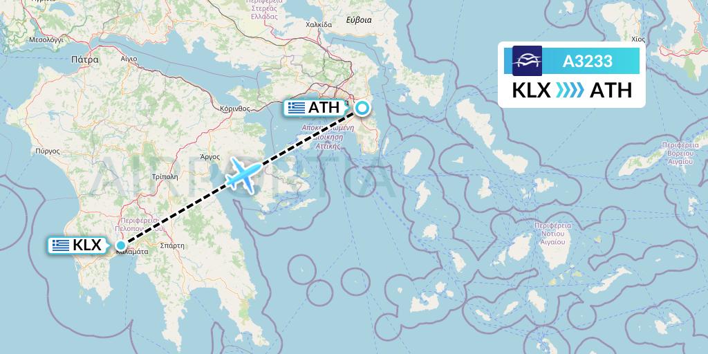 A3233 Aegean Airlines Flight Map: Kalamata to Athens