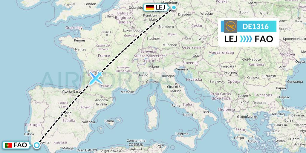 DE1316 Condor Flight Map: Leipzig to Faro