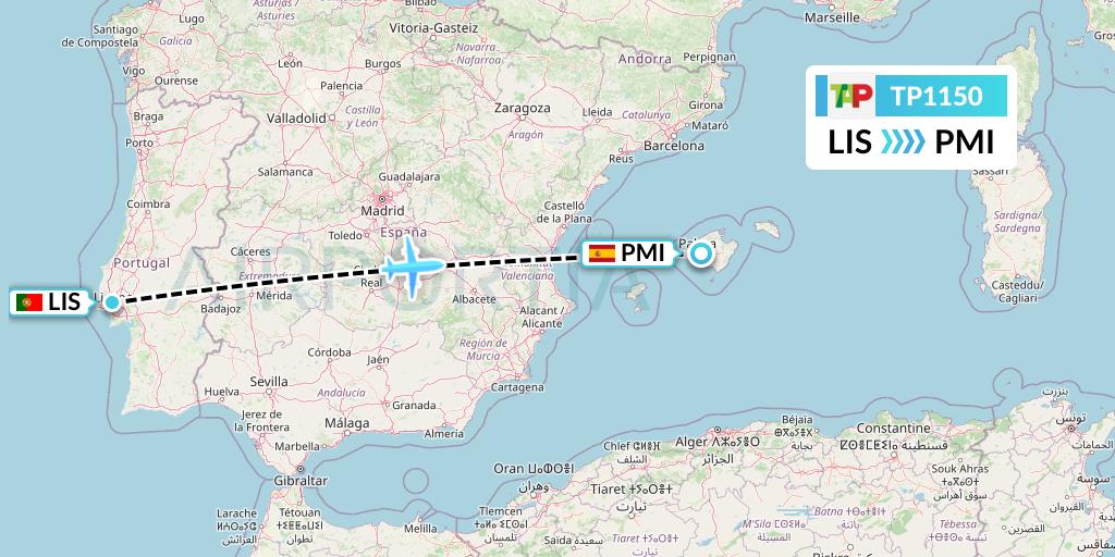 TP1150 TAP Portugal Flight Map: Lisbon to Palma de Mallorca
