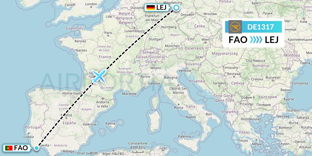 DE1317 Condor Flight Map: Faro to Leipzig