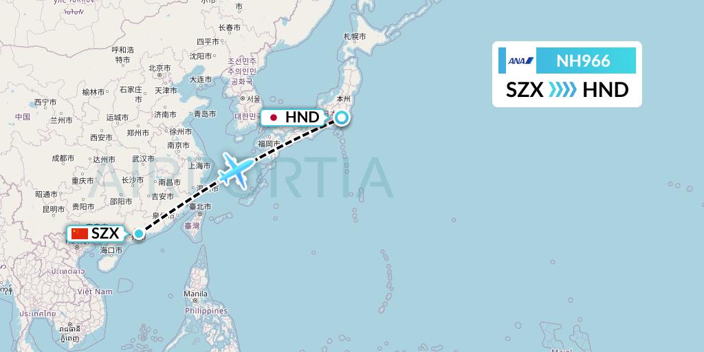 NH966 All Nippon Airways Flight Map: Shenzhen to Tokyo