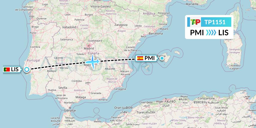 TP1151 TAP Portugal Flight Map: Palma de Mallorca to Lisbon