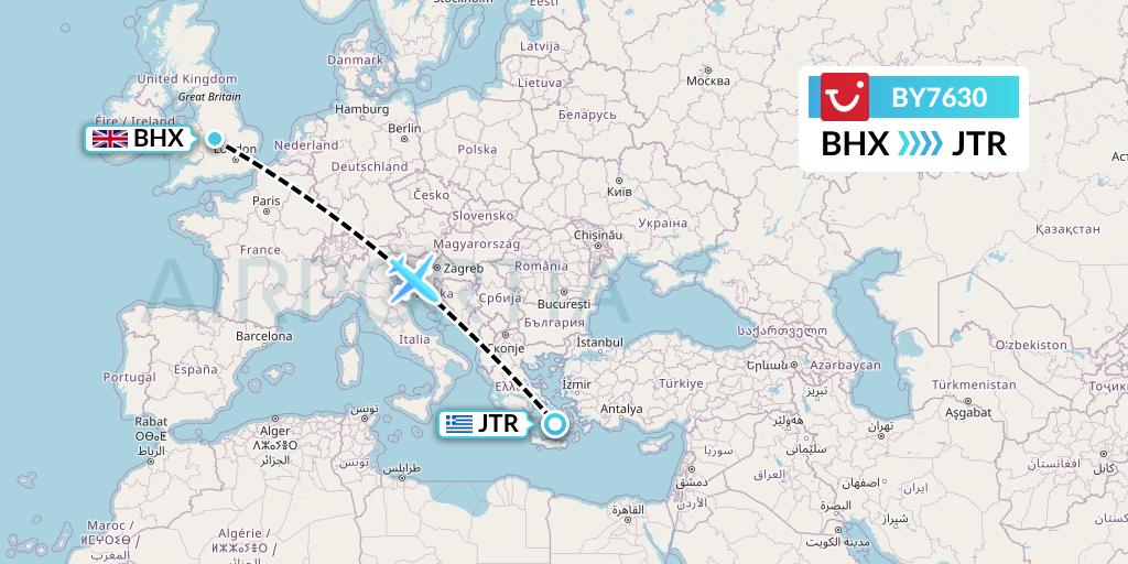 BY7630 TUI Airways Flight Map: Birmingham to Santorini