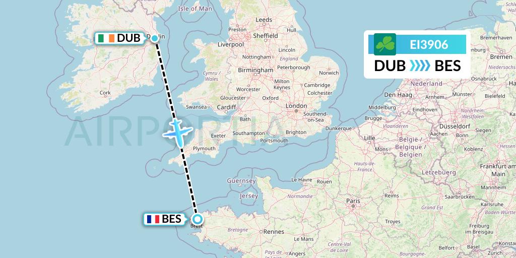 EI3906 Aer Lingus Flight Map: Dublin to Brest