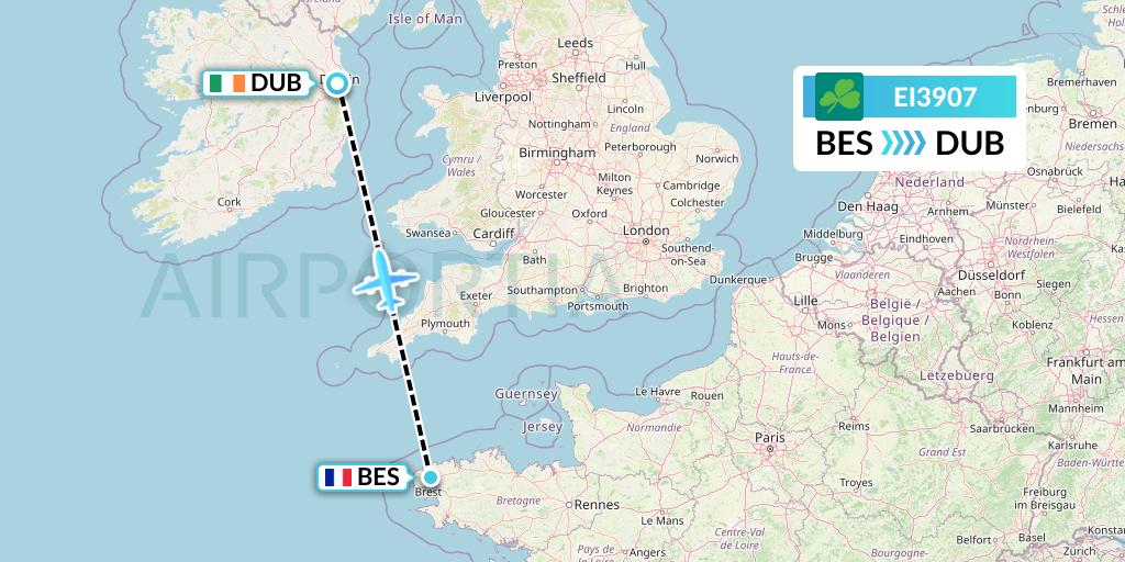 EI3907 Aer Lingus Flight Map: Brest to Dublin