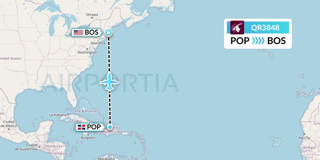 QR3848 Qatar Airways Flight Map: Puerto Plata to Boston