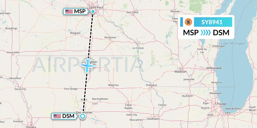 SY8941 Sun Country Airlines Flight Map: Minneapolis to Des Moines