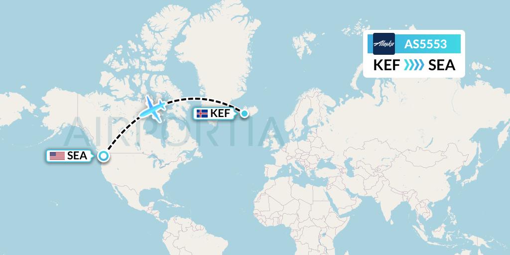 AS5553 Alaska Airlines Flight Map: Reykjavik to Seattle