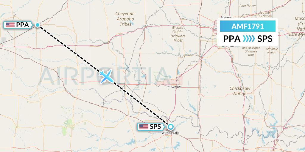 AMF1791 Ameriflight Flight Map: Pampa to Wichita Falls