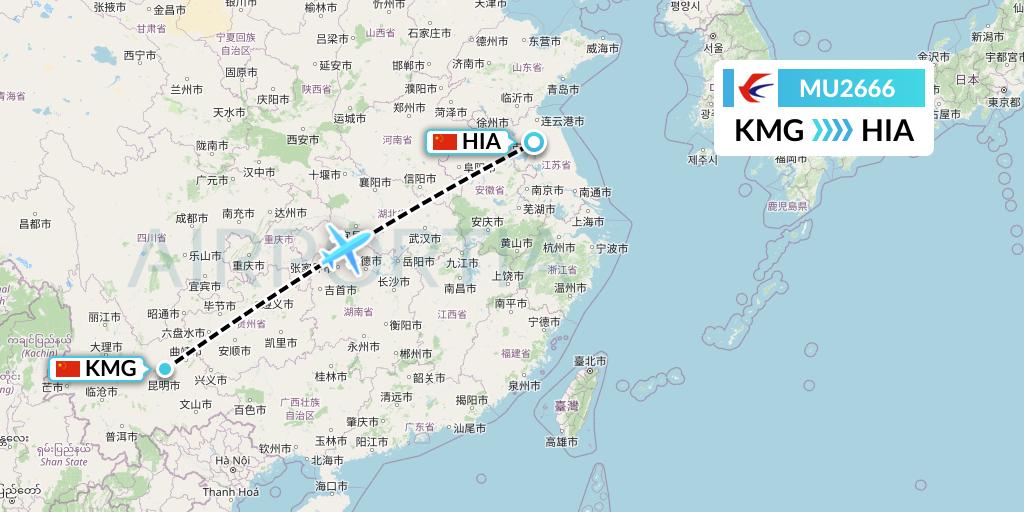 MU2666 China Eastern Airlines Flight Map: Kunming to Huai'an