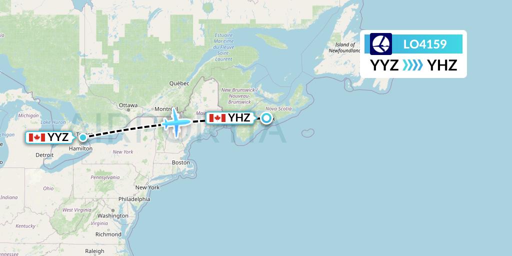 LO4159 LOT Flight Map: Toronto to Halifax
