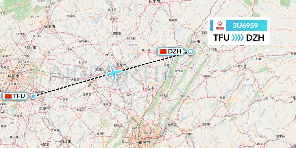 3U6959 Sichuan Airlines Flight Map: Chengdu to Dazhou
