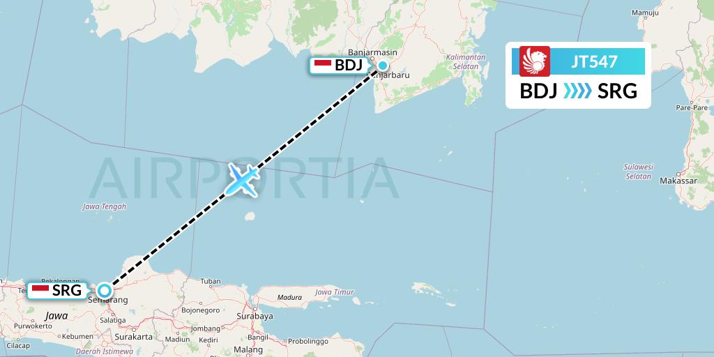 JT547 Lion Airlines Flight Map: Banjarmasin to Semarang