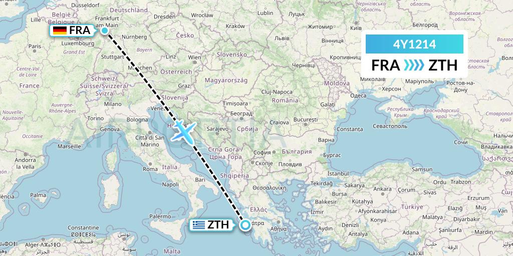 4Y1214 Eurowings Discover Flight Map: Frankfurt to Zakynthos