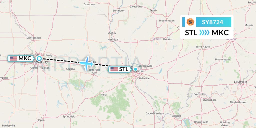 SY8724 Sun Country Airlines Flight Map: St. Louis to Kansas City