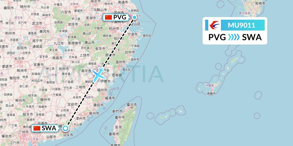 MU9011 China Eastern Airlines Flight Map: Shanghai to Jieyang