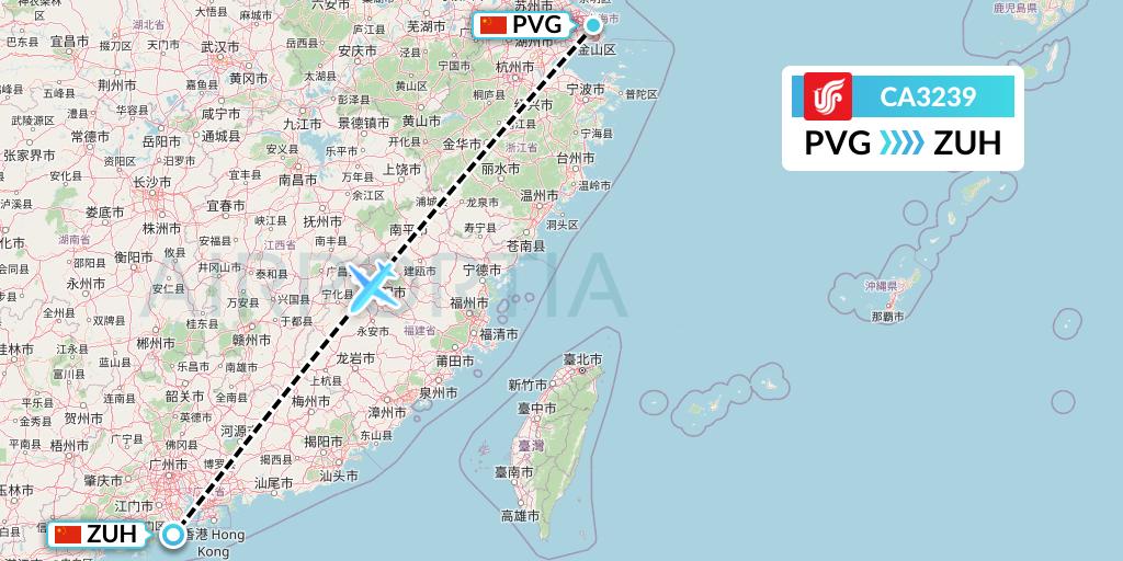 CA3239 Air China Flight Map: Shanghai to Zhuhai