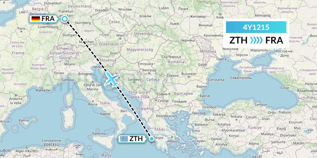 4Y1215 Eurowings Discover Flight Map: Zakynthos to Frankfurt