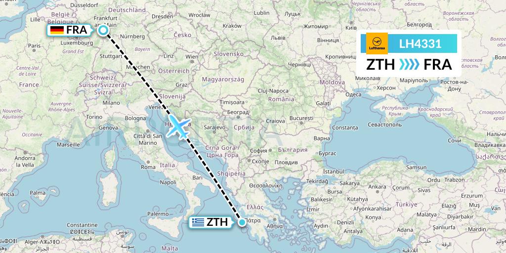 LH4331 Lufthansa Flight Map: Zakynthos to Frankfurt