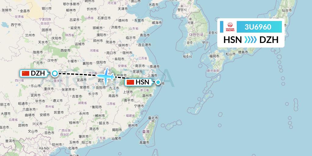 3U6960 Sichuan Airlines Flight Map: Zhoushan to Dazhou