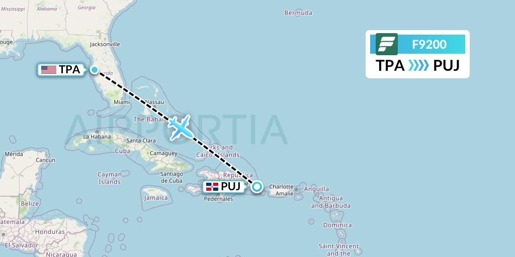 F9200 Frontier Airlines Flight Map: Tampa to Punta Cana