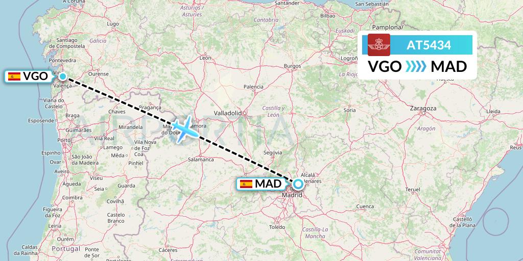 AT5434 Royal Air Maroc Flight Map: Vigo to Madrid