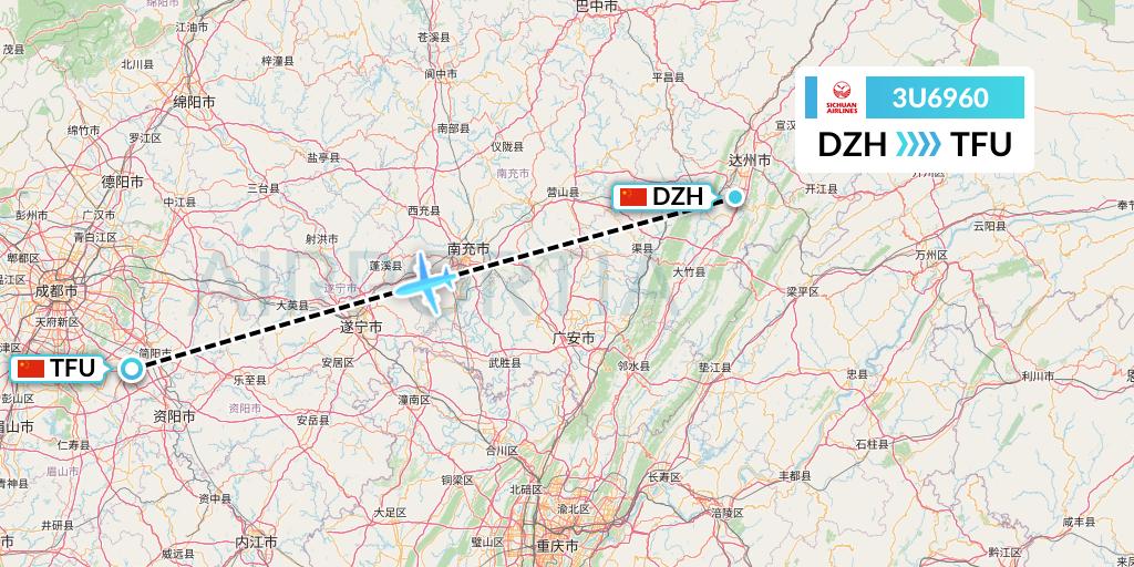 3U6960 Sichuan Airlines Flight Map: Dazhou to Chengdu