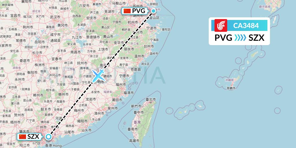 CA3484 Air China Flight Map: Shanghai to Shenzhen
