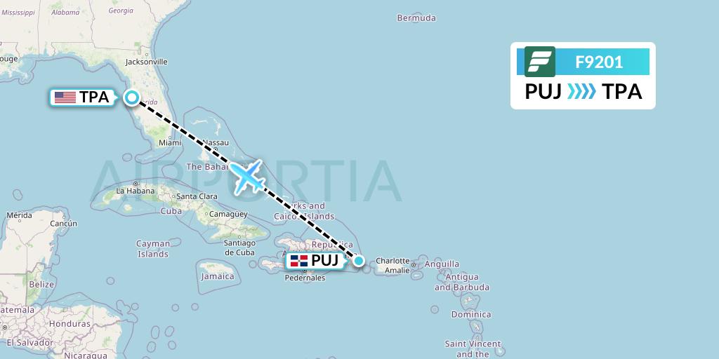 F9201 Frontier Airlines Flight Map: Punta Cana to Tampa