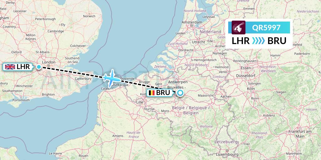 QR5997 Qatar Airways Flight Map: London to Brussels