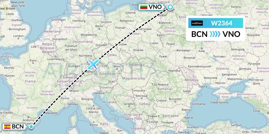 W2364 Flex Flight Flight Map: Barcelona to Vilnius
