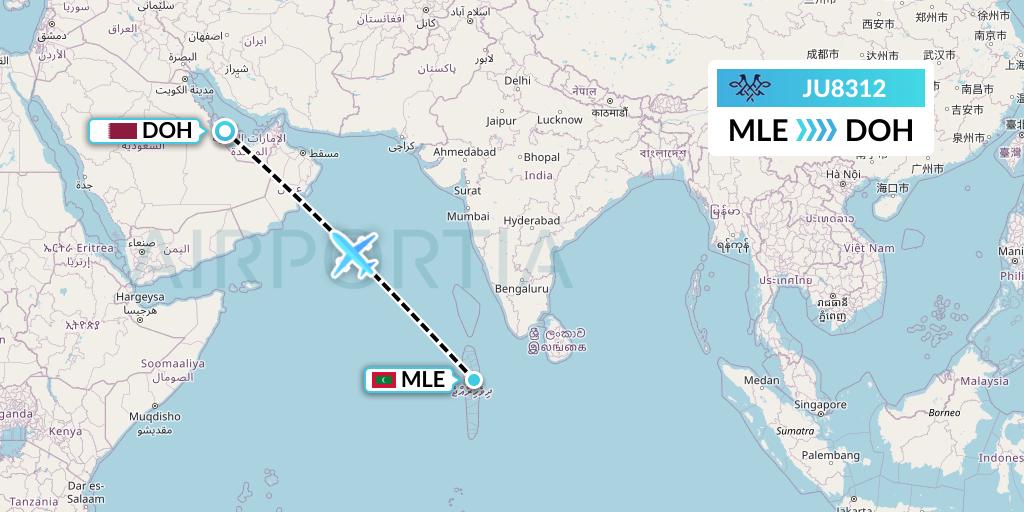 JU8312 AirSERBIA Flight Map: Male to Doha