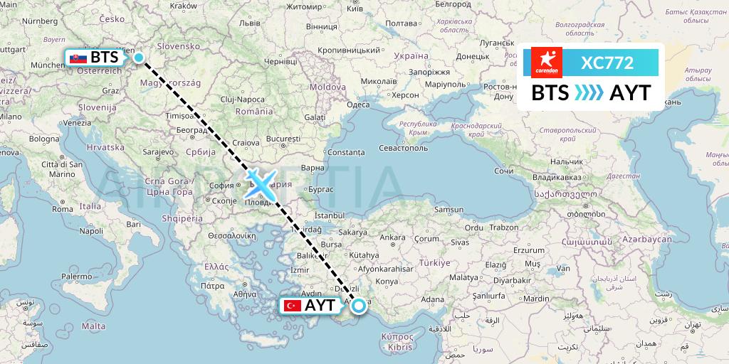 XC772 Corendon Airlines Flight Map: Bratislava to Antalya