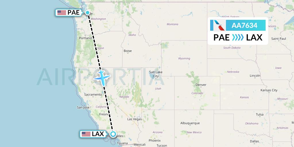 AA7634 American Airlines Flight Map: Everett to Los Angeles