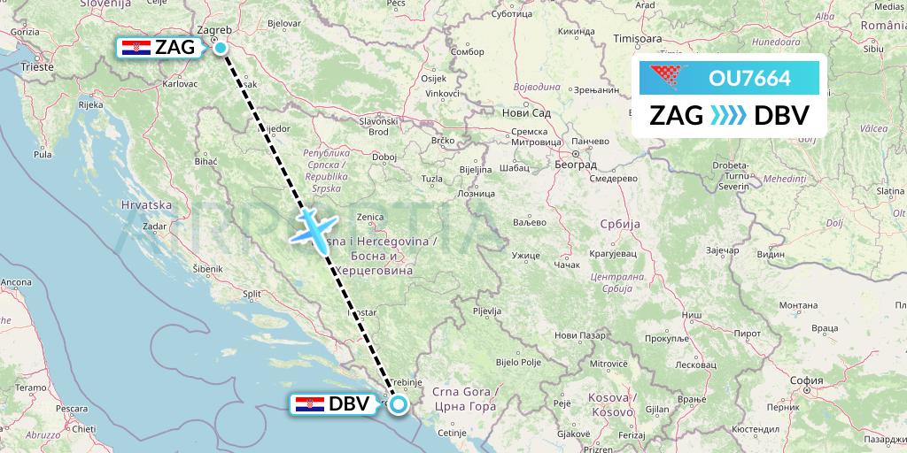OU7664 Croatia Airlines Flight Map: Zagreb to Dubrovnik