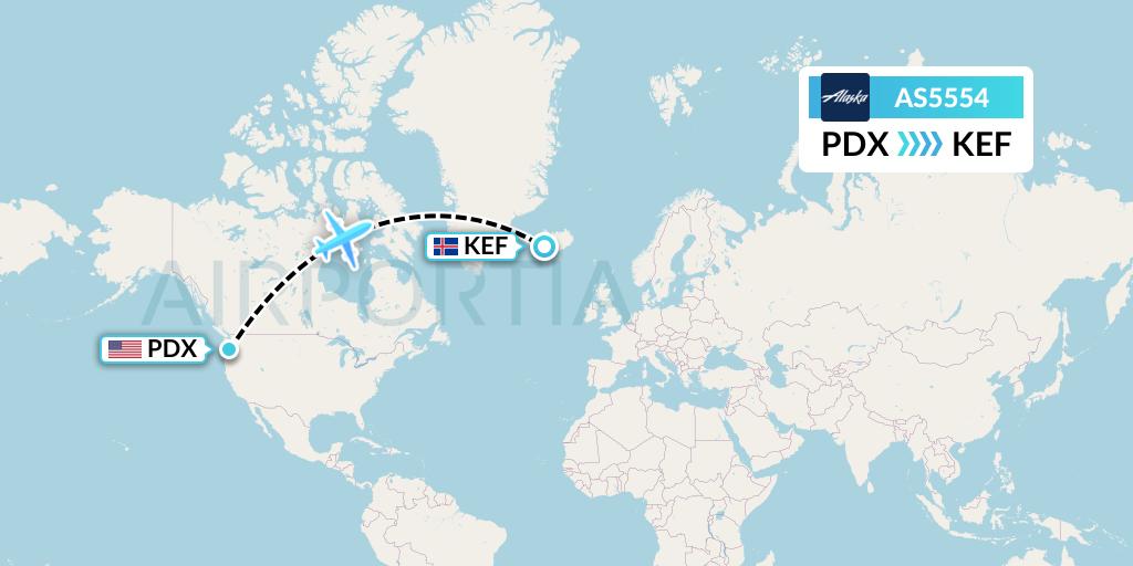 AS5554 Alaska Airlines Flight Map: Portland to Reykjavik