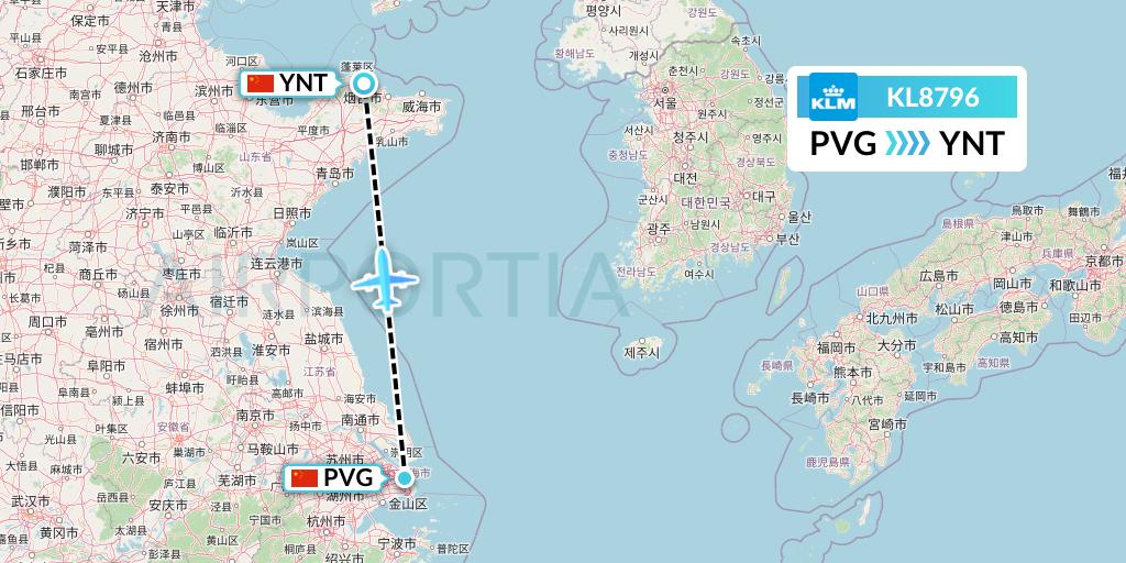 KL8796 KLM Flight Map: Shanghai to Yantai