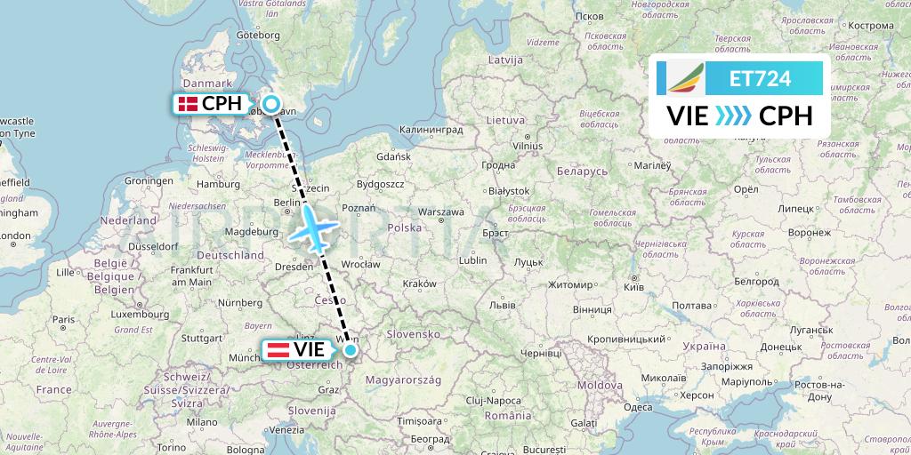 ET724 Ethiopian Airlines Flight Map: Vienna to Copenhagen
