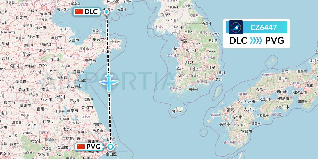 CZ6447 China Southern Airlines Flight Map: Dalian to Shanghai