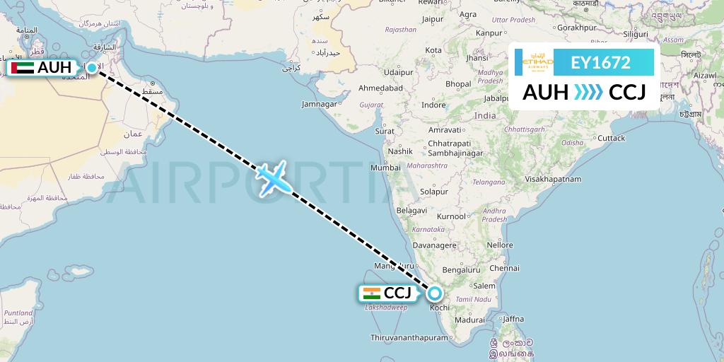EY1672 Etihad Airways Flight Map: Abu Dhabi to Kozhikode