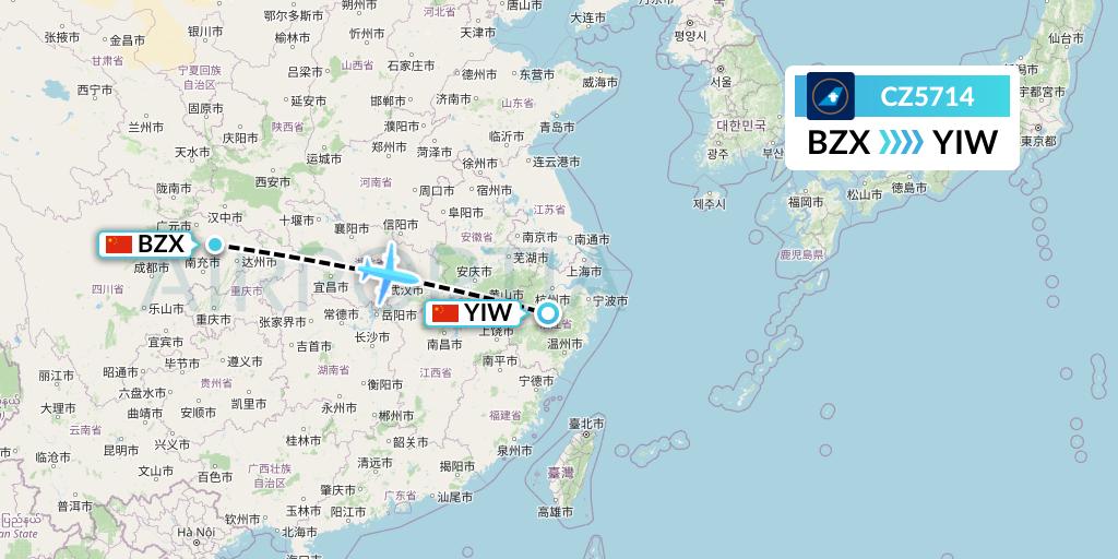 CZ5714 China Southern Airlines Flight Map: Guangyuan to Yiwu