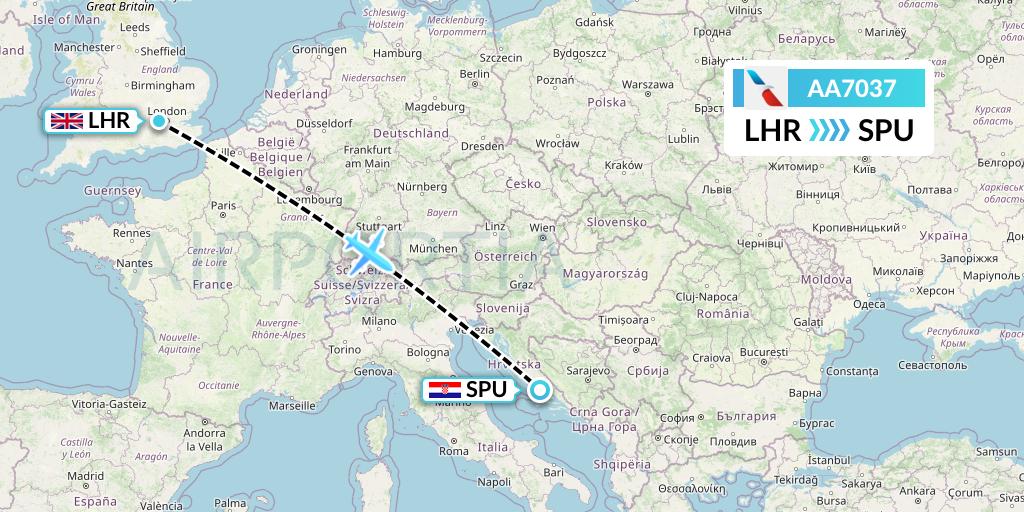 AA7037 American Airlines Flight Map: London to Split