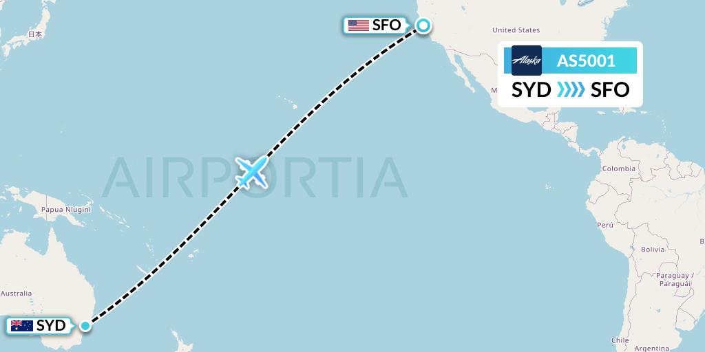 AS5001 Alaska Airlines Flight Map: Sydney to San Francisco