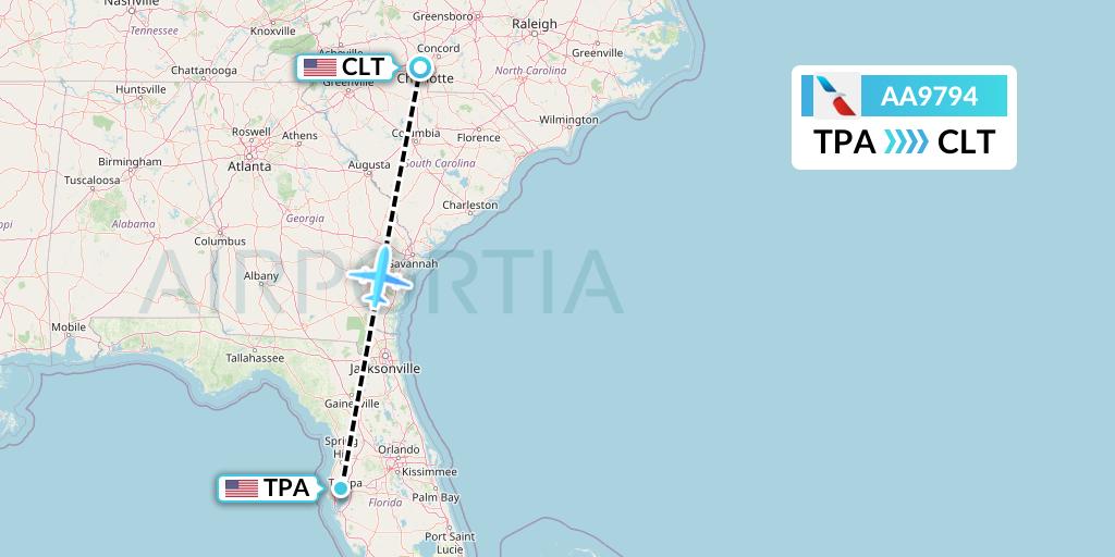 AA9794 American Airlines Flight Map: Tampa to Charlotte
