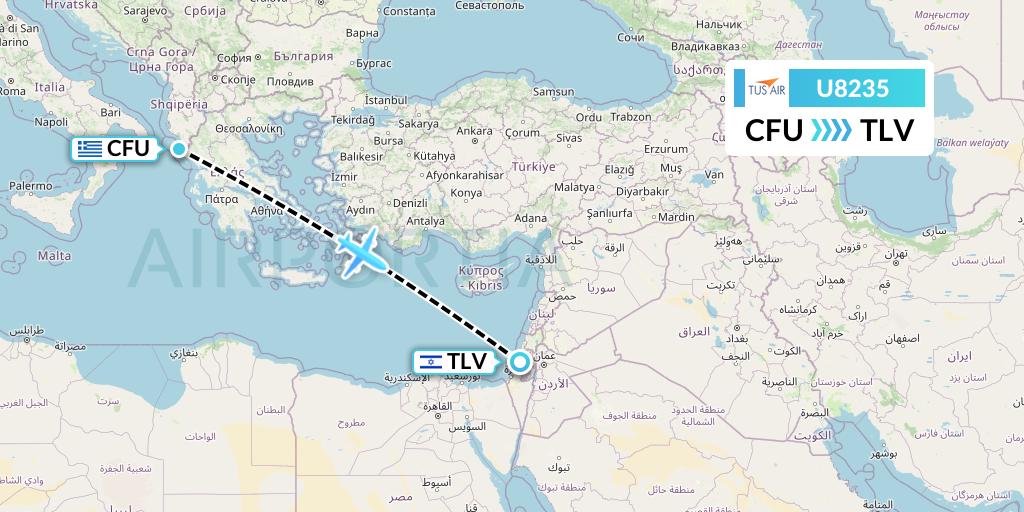 U8235 Tus Airways Flight Map: Corfu to Tel Aviv