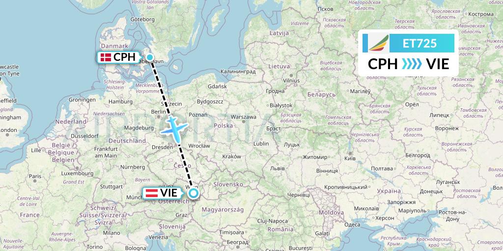 ET725 Ethiopian Airlines Flight Map: Copenhagen to Vienna