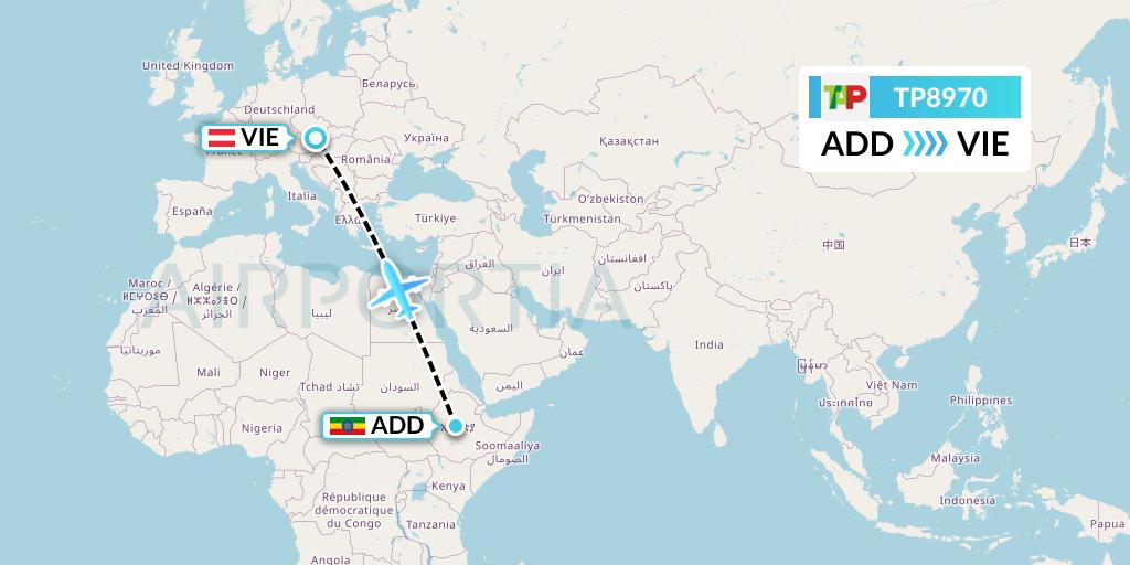 TP8970 TAP Portugal Flight Map: Addis Ababa to Vienna