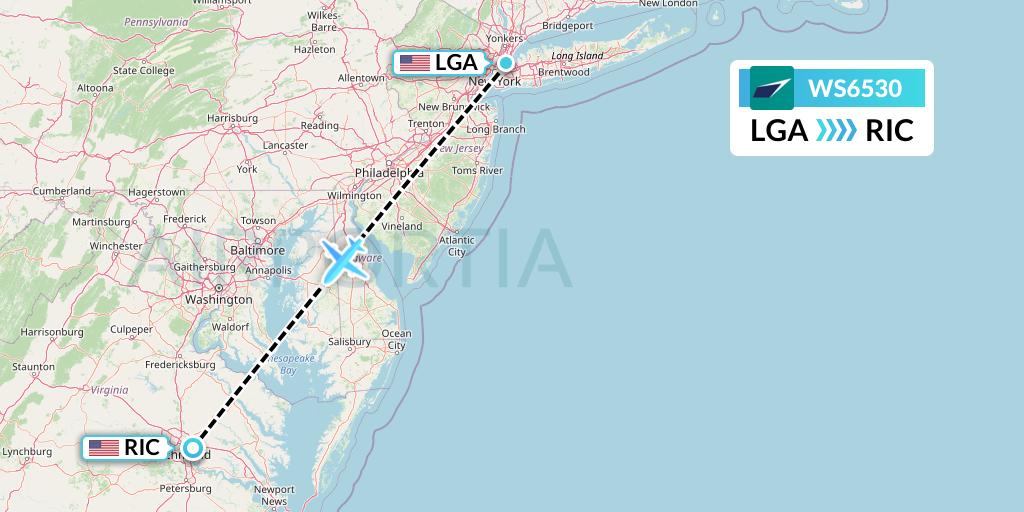 WS6530 WestJet Flight Map: New York to Richmond