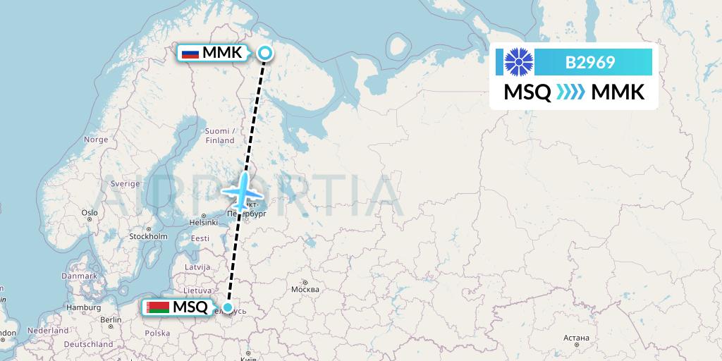 B2969 Belavia Flight Map: Minsk to Murmansk